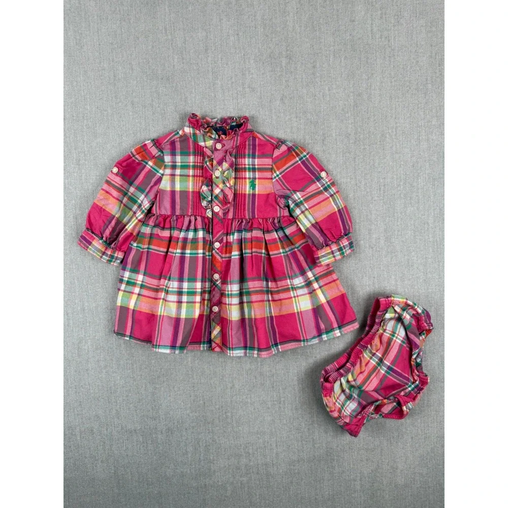 Ralph Lauren Baby Girls Pink Plaid Ruffle Dress Diaper Cover Set 3M 100% Cotton